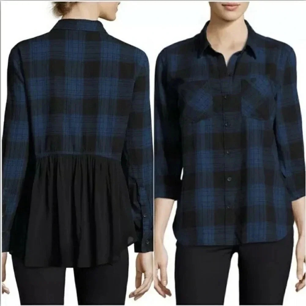 BeachLunchLounge Tammy Plaid Peplum Blouse Olive - Picture 4 of 4